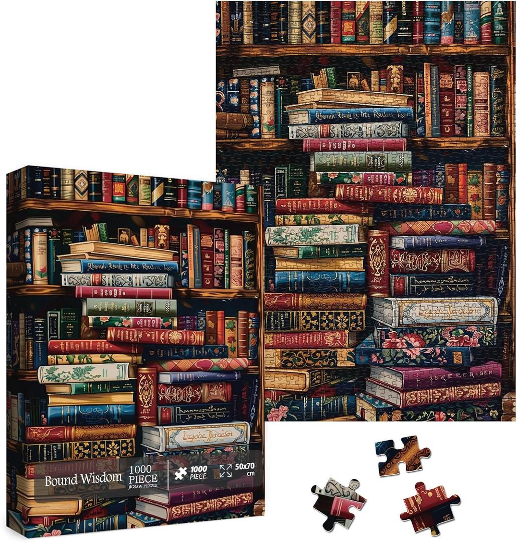 Vintage Library Bookshelf Jigsaw Puzzle 1000 Piece for Adult, Funny Books Challenging Painting Jigsaw Puzzles, Art Aesthetic Difficult Puzzle