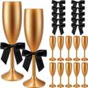 Zopeal Plastic Reusable Champagne Flute Glasses 6 oz and 50 Pcs Bow Set Acrylic Wedding Toasting Goblet 3.5" Bow Unbreakable Wine Cup for Bachelorette Bridal Shower Party(Gold and Black)