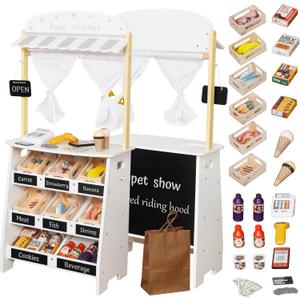 Touch Us Kids Grocery Store Playset,Pretend Play Store Toy & Wooden Supermarket Shopping Cart with Toy Cash Register, Play Money&Blackboard;26PCS Food Toys Shop for 3+ year old boys girls toddler baby