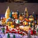 Kasyat 56 Pcs Christmas Village Sets LED Light up Christmas Town Shop Figurines Mini Village Houses Decor Santa Xmas Tree Resin Building Desktop Ornaments Battery Operated Landscape Decor Gift