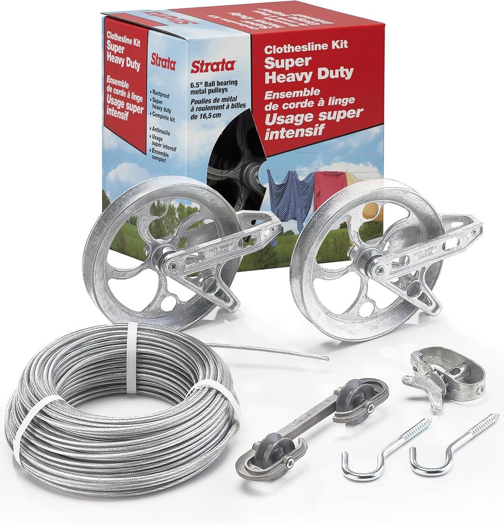 Strata Clothesline Outdoor Super Heavy Duty Kit - 150ft Galvanized Wire Silver PVC Coating, 6.5" Clothes line Pulley 2pcs, Metal Mini Winch Tightener 1pc, Plastic Spreader/Spacer 1pc & 2 Metal Hooks