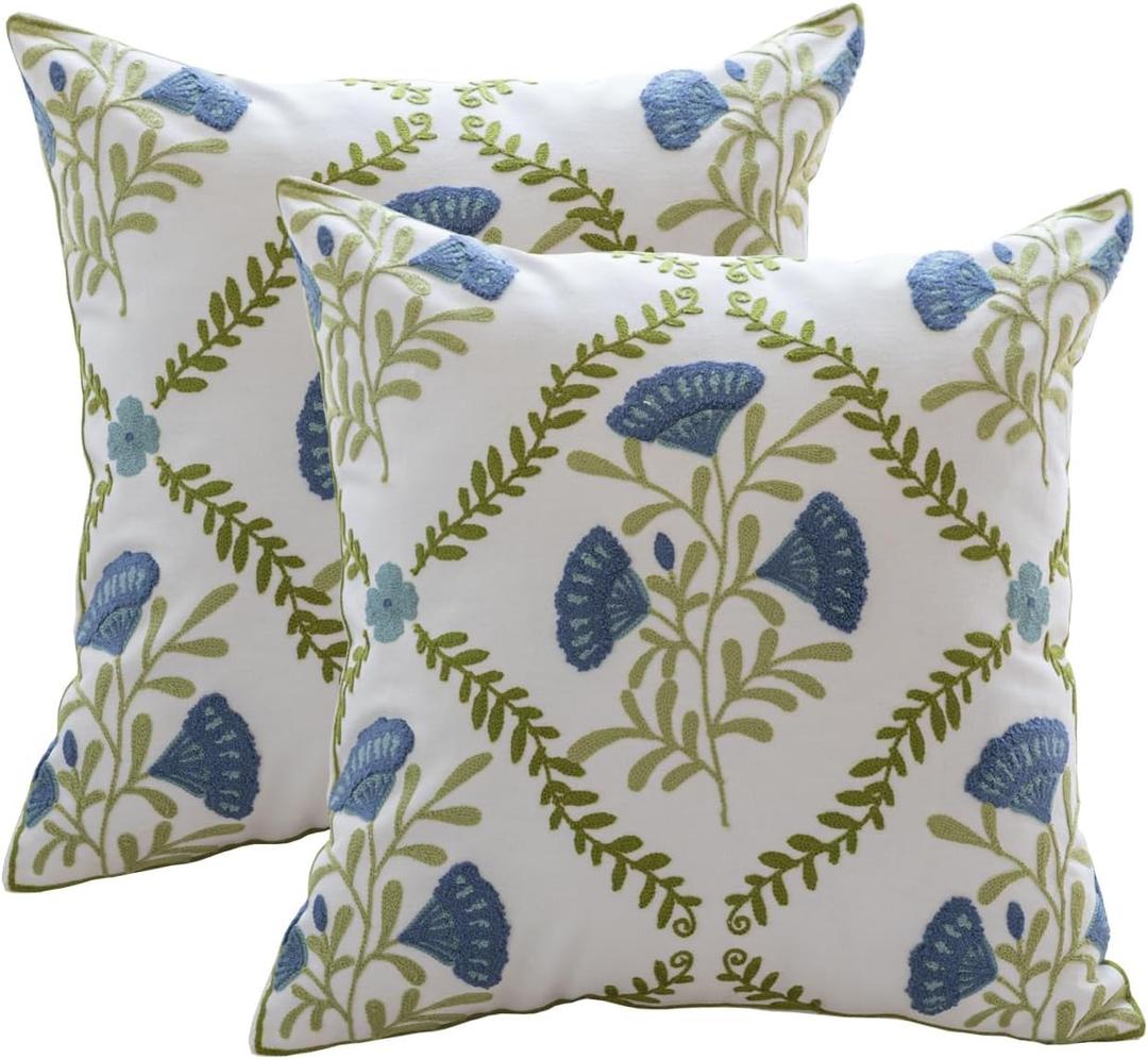 YIcabinet Pillow Covers Set of 2, Embroidered Blue Flower Pattern Throw Pillow Cover,Square Cotton Cushion,Pillow Case for Sofa Bedroom Couch,18"x18"