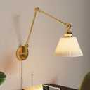 Gold Plug in Wall Sconce, Swing Arm Wall Light with 6.6FT Plug in Cord, Two Adjustable Arms, Fabric Shade, E26 Base, Hardwired Wall Lamp for Bedroom, Reading, Living Room, Hallway (1 Pack)