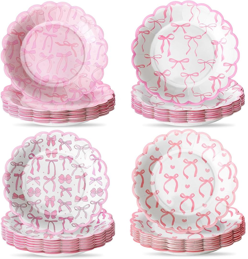 Jingmore 100 Pcs Bow Paper Plates 7'' Scalloped Bowknot Disposable Paper Plate Coquette Bow Dessert Set for Girl Bachelorette Engagement Bridal Baby Shower Birthday Table Decor(Pink)