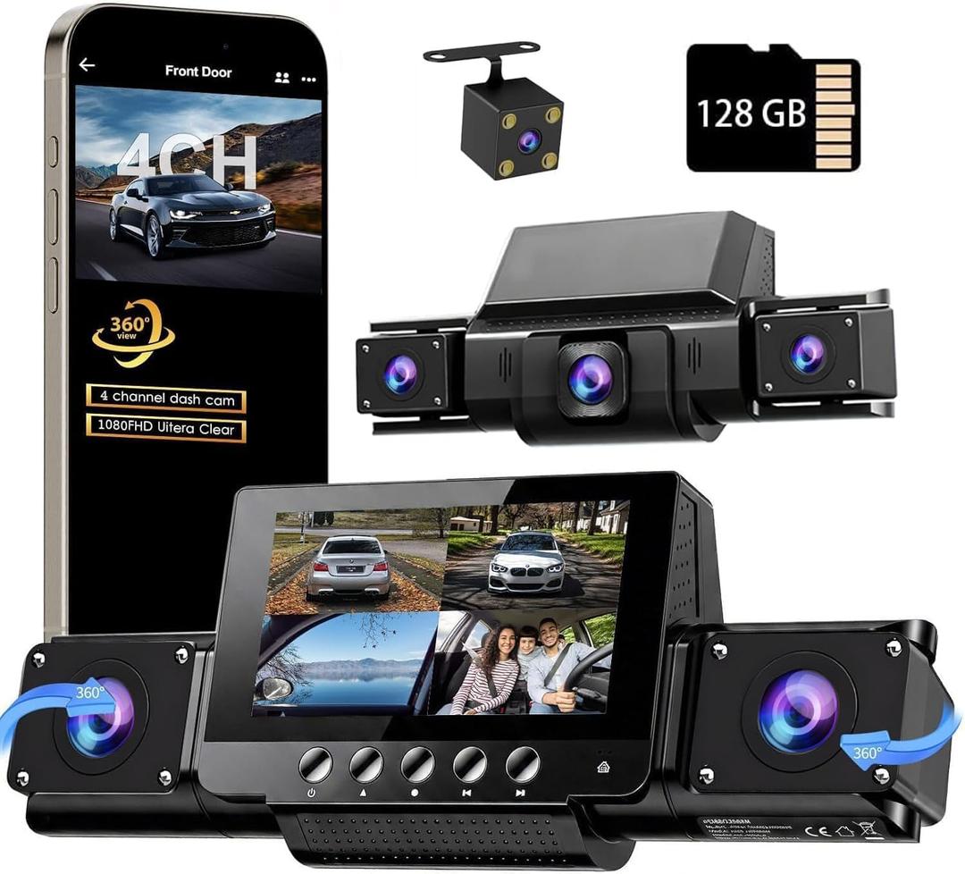 4 Channel Dash Cam Front and Rear with 360 View for All-Round Protection, 4-Way Recording, Built-in 5G WiFi & GPS, APP Control, 8 IR LEDs, 24H Parking Monitor, G-Sensor, Free TF Card (128GB)