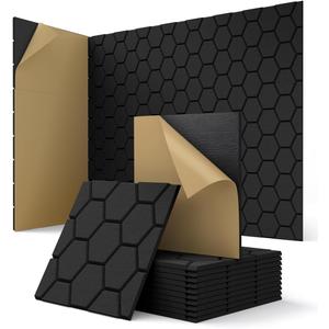 Kuchoow Acoustic Wall Panels Sound Absorbing, Honeycomb Self Adhesive Wall Tiles Panel, 12 Pack Decorative Hexagon Design for Studio, Home Office, Gaming Room, Acoustic Treatment, 12"x12"x0.4", Black