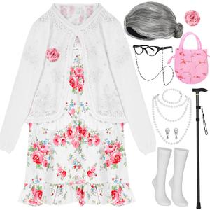 MGparty 100th Day of School Costume for Girls, Old Lady Costume for Kids, Grandma Cosplay Dress Up Accessories (100cm)