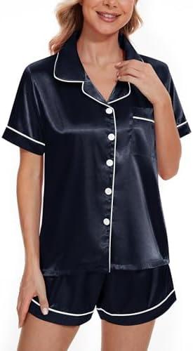 YIJIU Womens Satin Silk Pajamas Set Short Sleeve Button Down Top and Shorts Sleepwear Comfy 2 Piece Pjs Set Loungewear, Navy Blue, M