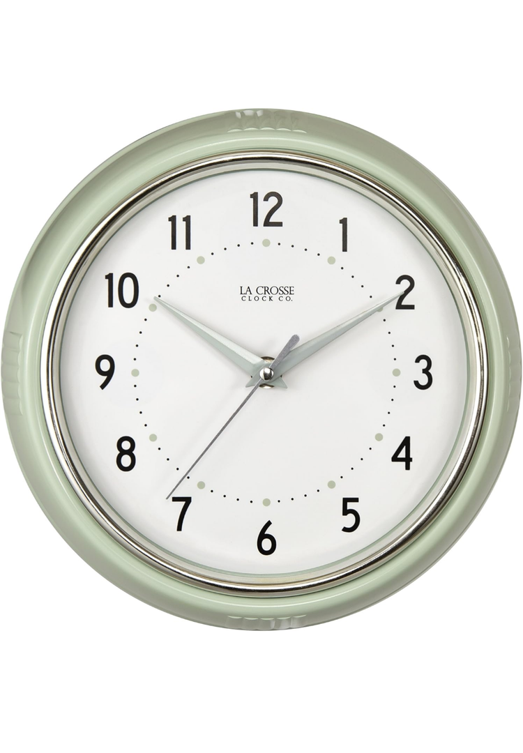 La Crosse Clock 9.5" Retro Diner Pistachio Green Quartz Wall Clock