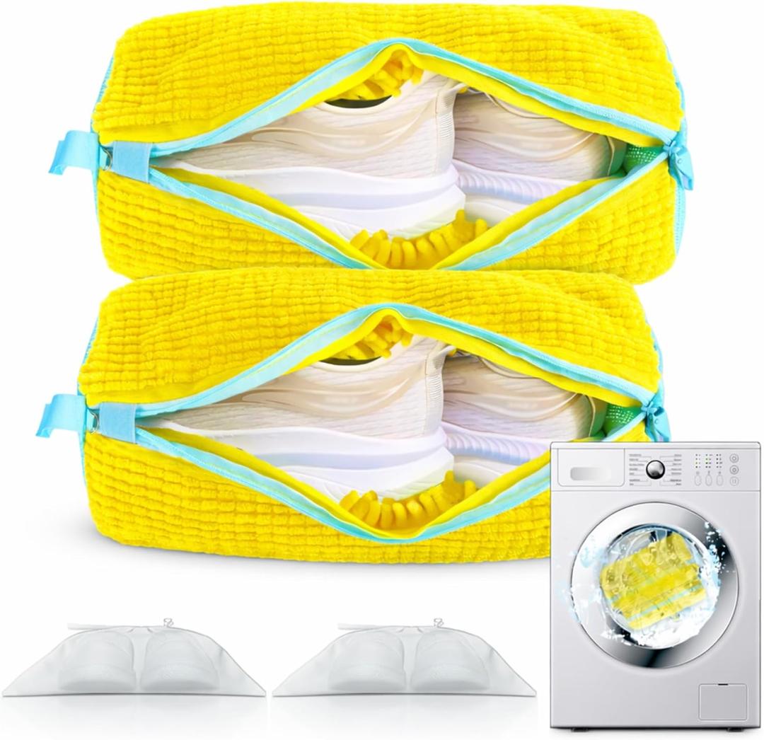 Shoe Washing Machine Bag, 2 Pack  Reusable, Fits All Shoe Types, 360 Deep Cleaning with Self-Locking Zipper, Wash Two Pairs at Once, Protects Shoes and Washing Machines(Yellow)