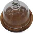 Leadigol Mini Wooden Dessert Dish Cake Stand With Glass Dome, Mini Dessert Tray Round Wood Serving Tray Dessert Plates Display Stand with Lids