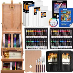MERRIY 80-Piece Acrylic Paint Set, Artist Painting Supplies Kit with Tabletop Sketch Box Easel, 48 Colors Acrylic Paints,11"x 14"Stretched Canvas &More, Premium Acrylic Painting Set for Adults