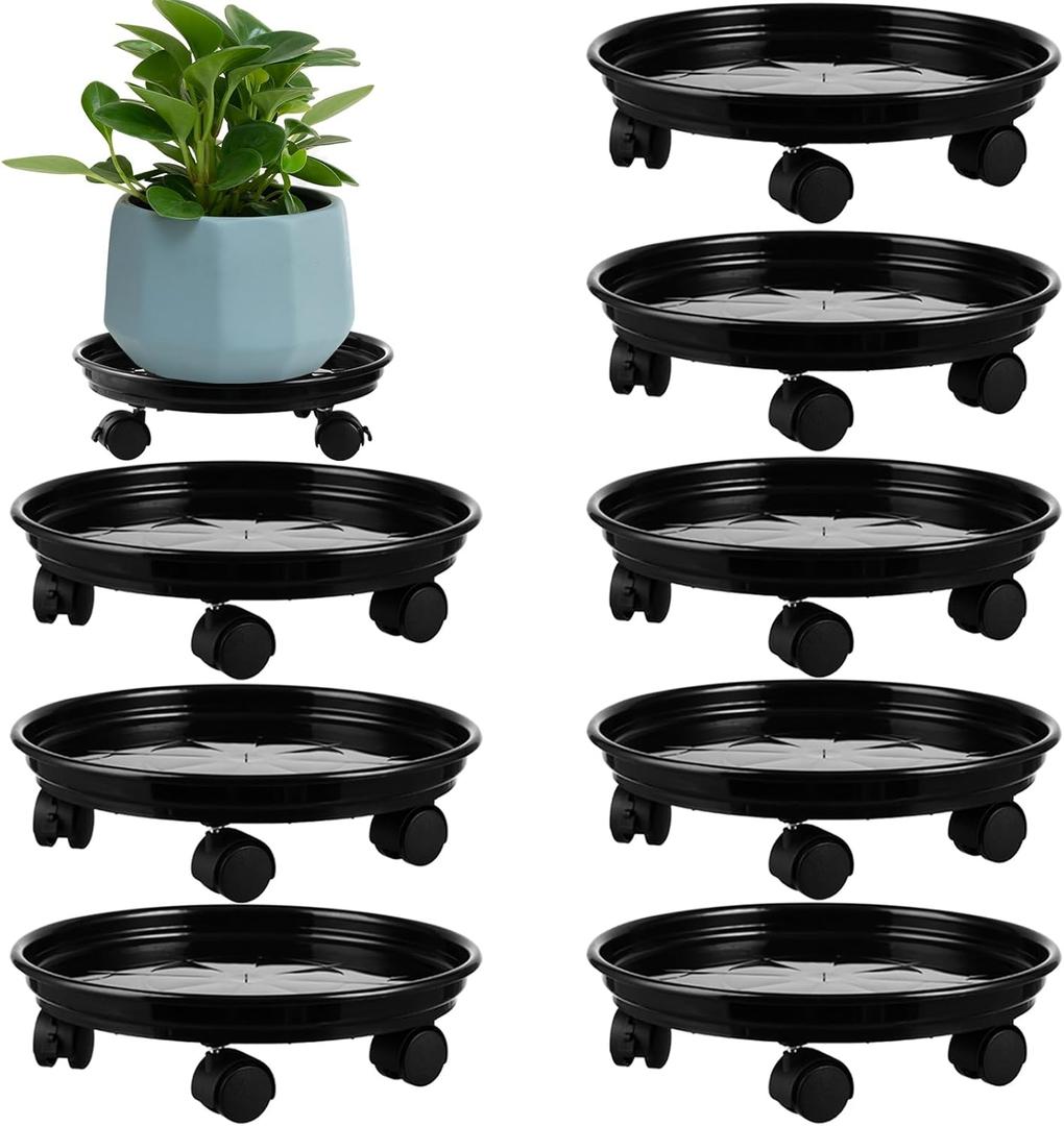 8 Packs Plastic Plant Caddy with Wheels 12” Heavy-Duty Rolling Plant Stand with Wheels Plant Dolly with Casters for Indoor and Outdoor Plant Roller Base Plant Saucer Mover, Black