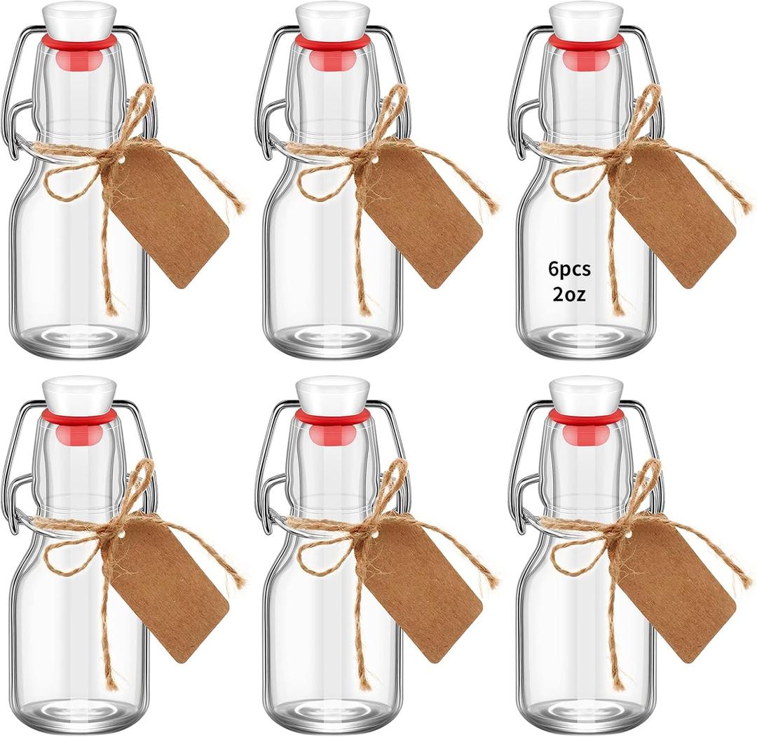 20 Pack Mini Swing Top Glass Bottles, 2 oz Mini Storage Bottles with Personalized Label Tags and String for Crafts, Decoration, Wedding Party
