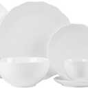 20 Pce Porcelain Dinnerware Set, Embossed Ceramic Cups, Saucers, Plates and Bowls, Microwave and Dishwasher Safe, Service Dining Dish Set for 4 (White, QOMO-1996)