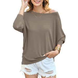 Women's Off Shoulder Tops Casual Loose Batwing Sleeve Shirts Tunic Fashion Boat Neck Pullover Sweaters (Brown, S)