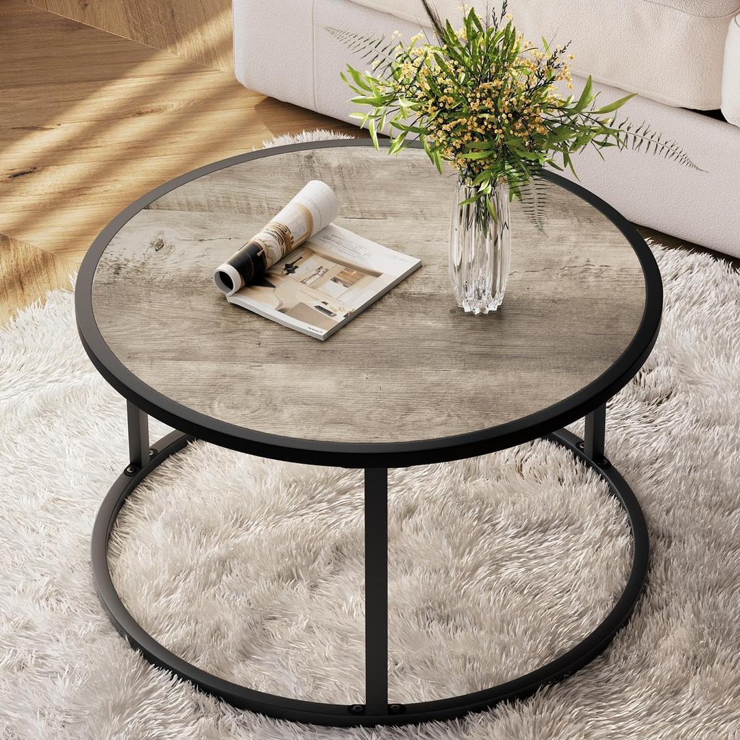 SAYGOER Small Round Coffee Table, Modern Coffee Tables for Living Room, Simple Center Table for Small Space Home Office Gardern, 27.6 27.6 17.7inch, Grey Wash