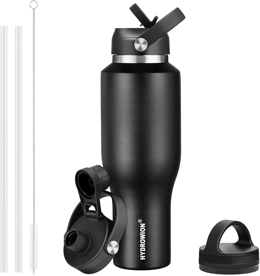 HYDROWION 40 oz Insulated Water Bottle with Straw fit in Car Cup Holder(Cold 48 hrs, Hot 24 hrs) Drinking Bottle with Straw Lid, Spout Lid and Flex Cap Leakproof Travel Thermo MugBlack