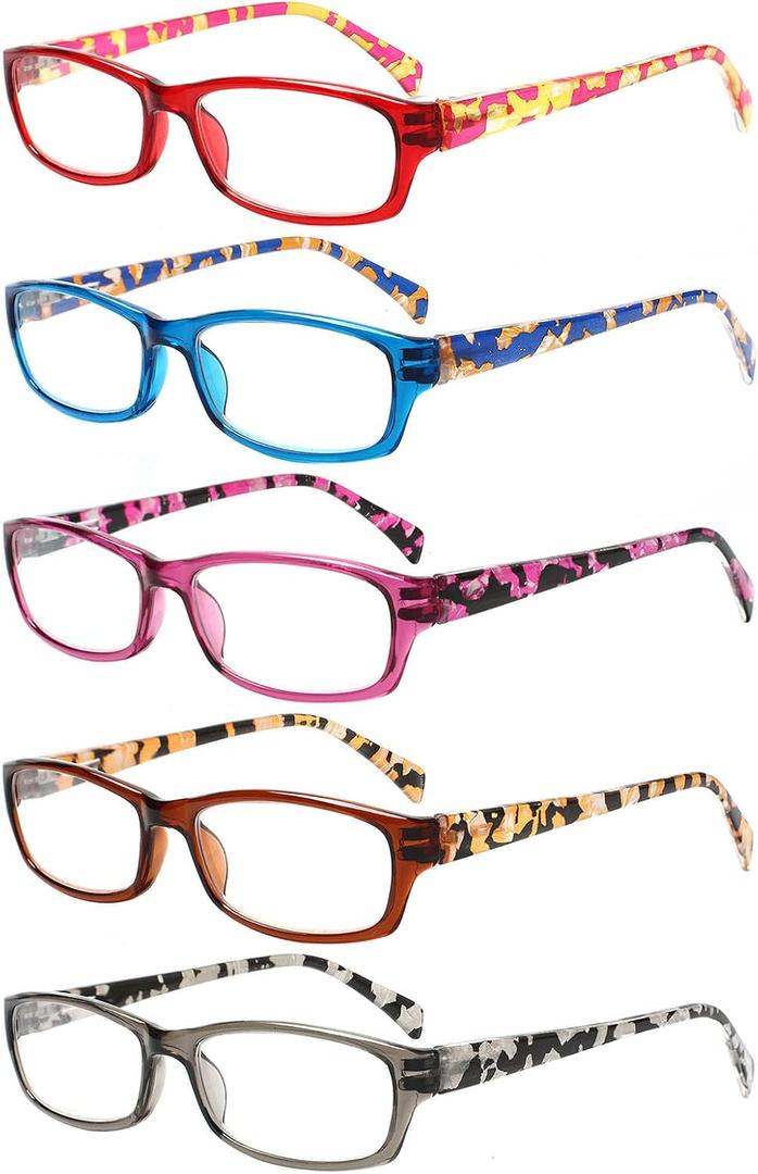 Kerecsen Reading Glasses 5 Pairs Fashion Ladies Readers Spring Hinge with Pattern Print Eyeglasses for Women (5 Pack Blue, 0.75) (Mix Color -3)