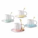 LGQ Ceramic Espresso Cups and Saucers Set of 4, 7oz Porcelain Cups for Coffee, Tea, Cappuccino and Various Drinks with Elegant Gold Rim(Multicolor)