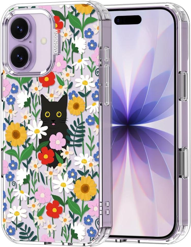 MOSNOVO for iPhone 17 Case | Military Grade 6.6ft Drop Tested | Camera Control | Clear with Black Cat in Garden Design