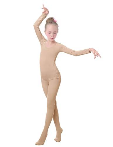 Daydance Active Girls Nude Ballet Leotards Warm up Long Sleeve Undergarment Bodysuit for Dance Gymnastics, Skating, Performance 130/64 L
