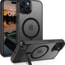 GUAGUA for iPhone 15 Magnetic Case with Adjustable Metal Kickstand, Compatible with MagSafe Slim Translucent Matte Shockproof Protective Phone Case for 6.1 Inch, Black