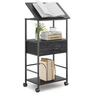 HOMEKOKO 3-Tier Bookshelf with Adjustable Flip Top, Living Room Industrial Movable Bookcase, Rustic Book Shelf with Drawer, Wood-Metal Rustic Bookshelves (Black Wood Veins)