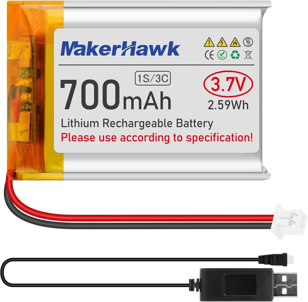 MakerHawk 3.7V Lipo Battery 700mAh Rechargeable Lithium Polymer Battery 603040 Micro Ph1.25 Connector Integrated Protection Circuit with USB Cable for Electronic Device (1 Pcs)