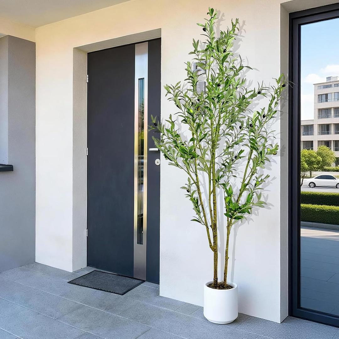 Artificial Fake Olive Tree 6FT Tall 1Pack with White Planter Faux Silk Olive Tree for Home Living Room Office Decor Faux Artificial Plants Indoor with Fruit & Free Moss