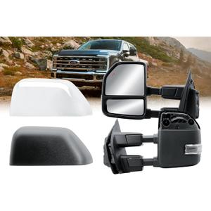 Driver Left Side Towing Mirror Electric Heated Glass Turn Signal Light Puddle Light and BLIS with Chrome and Textured Black Cap Manual Folding Manual Telescope for 21-25 Ford F-150 250 350 450 550