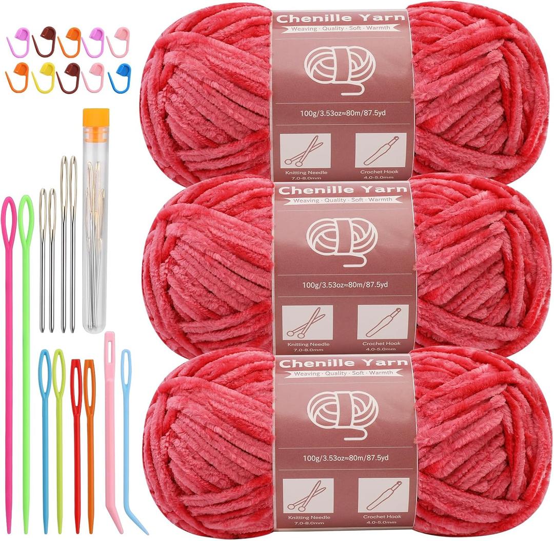 LUNARM 3 * 100g Chenille Yarn, Yarn for Crocheting Knitting with Big Eye Needles, Handcrafts Weaving Soft Chenille Yarn for Making Blankets, Clothes, Pattern Knitting Creations (Bright Red) (Solid Color)
