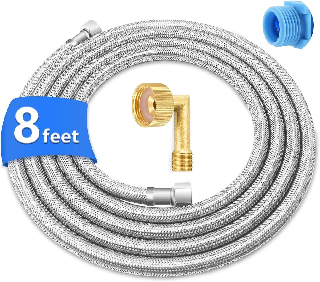 8FT Dishwasher Water Supply Line with 90 Brass Elbow, Stainless Steel Braided and Food-Grade PEX Inner Hose, 3/8" Comp x 3/8" Comp Connections, Includes 3/8" x 3/4" FHT Elbow