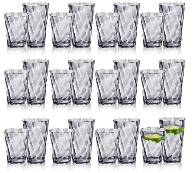 LemonRoad 24 Pack Reusable Plastic Drinking Glasses Set - 20oz & 13.5oz Stackable Tumbler, Shatter-resistant Highball Cups for Water, Cocktail, Iced Coffee, Indoor Outdoor Use, BBQ, Patio, Pool (Grey)