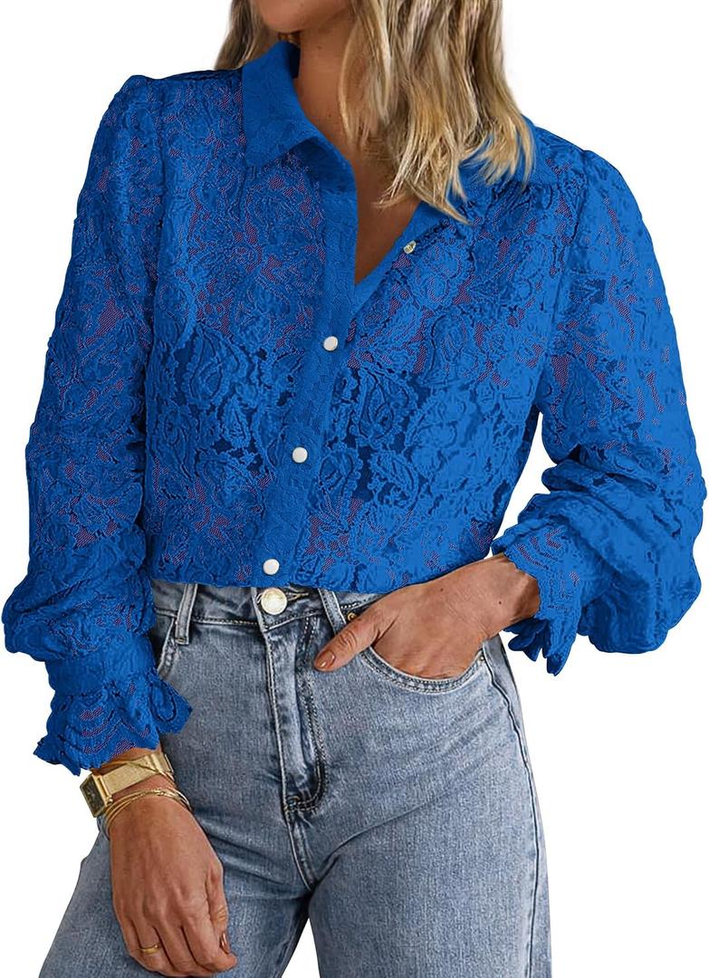 BTFBM Long Sleeve Lace Blouses for Women 2024 Fall Dressy Casual Button Down Shirts Date Night Outfit Club Party Tops (Blue, S)