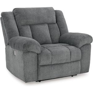 Signature Design by Ashley Tip-Off Power Recliner with Adjustable Headrest, Attached Cushions, Fabric Upholstery, USB Port, 52" W x 42" D x 45" H, Gray (Grey)