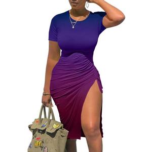 GOKATOSAU Women's Sexy Bodycon Short Sleeve Slit Ruched Summer Club Party Midi Dress (M)