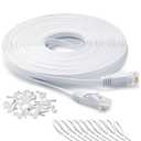 Ethernet Cable 100 ft, Cat 6 Flat Cable Slim Long Cat6 High Speed Computer Network LAN Patch Cord Wire with Clips & Rj45 Connector for Router,Faster Than Cat5e/Cat5,100 Foot White