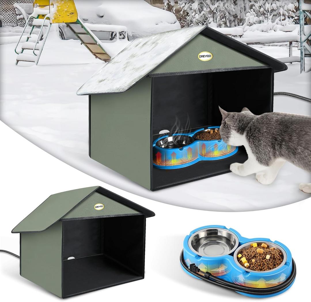 Dreyoo Outdoor Cat Feeding Station with Heated Cat Water Bowl, Weatherproof Kitty Dining Room Outdoor with Heated Pet Bowl for Food and Water, Feral Cat Feeding Station Cat Shelter(Blue)