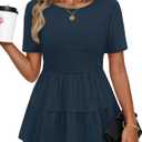 MEROKEETY Women's 2026 Summer Spring Tunic Babydoll Tops Short Sleeve Waffle Knit Shirts Casual Loose Peplum Blouses (Blue, S)