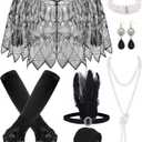 PLULON 8 Pcs 1920s Flapper Accessories Set for Women, Great Gatsby Dresses Sequin Shawl Wraps Roaring 20s Dresses for Party (Black Silver)