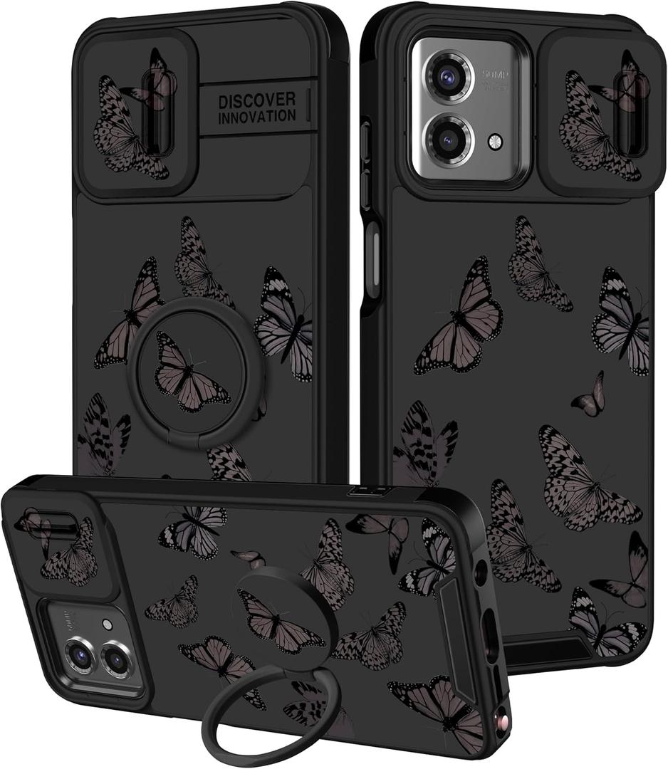 Funermei for Moto G Stylus 5G 2023 Case - Butterfly Women Cute Girls Phone Cover Girly Pretty Aesthetic Black Butterfly Unique Design with Camera Cover and Ring Stand for Motorola G Stylus 5G Case