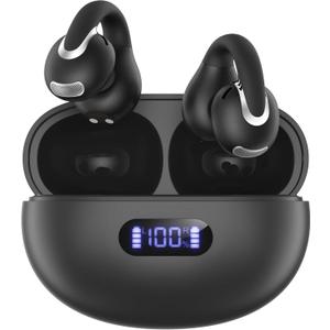 Open Ear Clip Wireless Earbuds Bluetooth 5.4, Lightweight Comfort Sports Bone Conduction Headphones Built-in Mic for Clear Audio, Stable Fit Earphones 24H Play-Soft Black