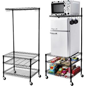 Wonderjune 1 Pcs Portable Mini Fridge Organizer Shelf with Wheels & 8 S Hooks, Mini Fridge Storage Stand, Microwave Stand for Dorm Room, Apartment & Kitchen, Compact Shelving for Small Space(Black), 23.6 x 17.7 x 52 inches