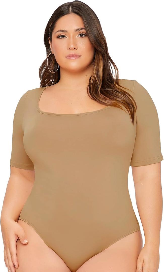 OYOANGLE Women's Plus Size Basic Short Sleeve Bodysuit Scoop Neck T Shirts Bodysuit (XL)