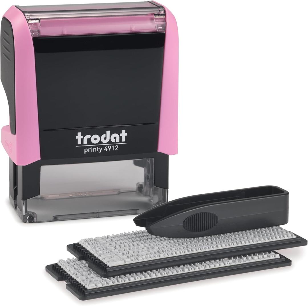 Trodat Printy 4912 Self Inking Do it Yourself (DIY) 4 line Personalized Custom Message or Address Stamp kit with Black Ink, Impression Size: 3/4 x 1-7/8 inch (Pink)