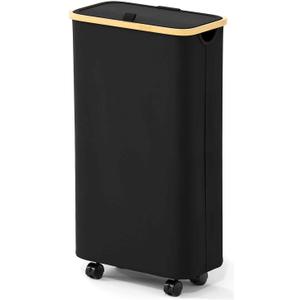 SpaceAid Slim Laundry Hamper with Wheels and Lid,62L Rolling Narrow Clothes Basket with Bamboo Handle, Large Laundry Hamper for Bedroom, Bathroom, Dorm, Laundry Room - Black