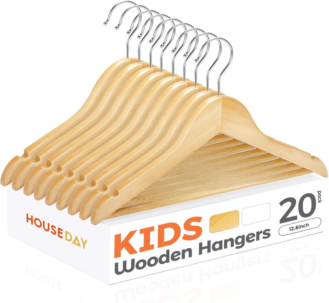HOUSE DAY Wooden Baby Hangers for Closet 20 Pack, Kids Wooden Hangers for Baby Clothes, Heavy Duty Wood Toddler Coat Hanger with Non Slip Pant Bar, 360 Swivel Hook, Shoulder Notches, Natural