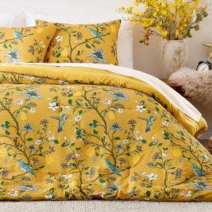 MUSSEL Yellow Bedding Queen Comforter Set 3 Pieces,Vintage Botanical Floral Pattern Bed Comforter Sets,Boho Whimsical Modern Printed Design Cute Seersucker Bedroom Comforter and Shams