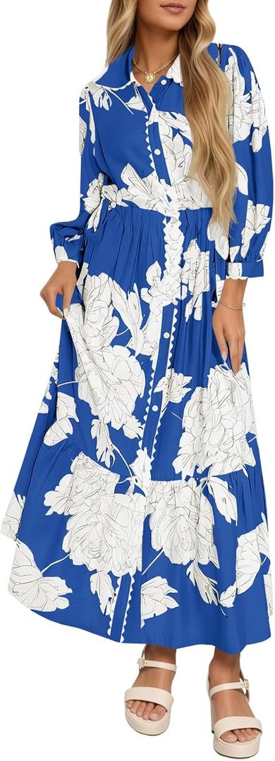 Wenrine Womens Maxi Shirt Dress Casual Floral Collared 3/4 Long Sleeve Drawstring Waist Button Down Boho Dresses (Large, Navy)